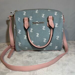 Juicy Couture Gothic Denim Monogram Fame Satchel Crossbody Pink Trim Y2K